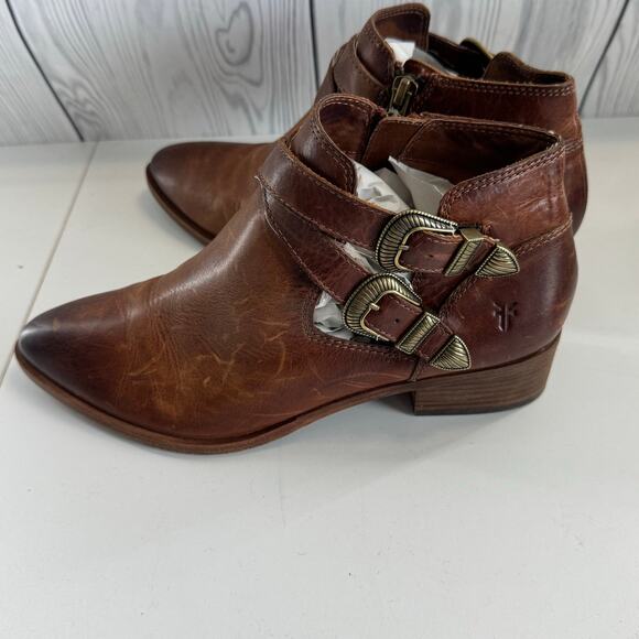 Frye Ray Women's 7.4 Brown Leather Western Boots Buckle Block Heel Ankle - Picture 4 of 8